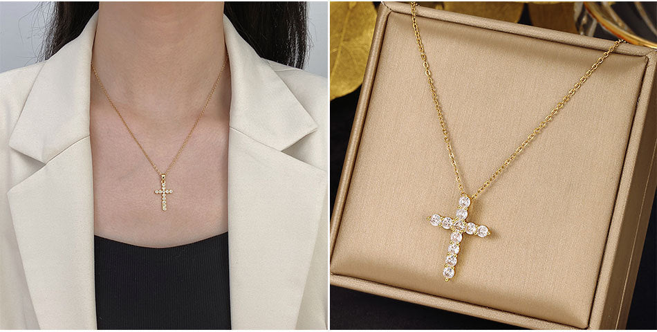 Luminique Store |   Copper Cross Pendant with Full Zircon Inlay, Light Luxury Style