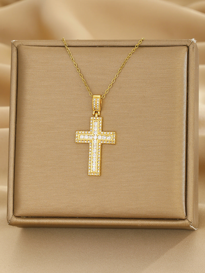 Luminique Store |   Copper Cross Pendant with Full Zircon Inlay, Light Luxury Style