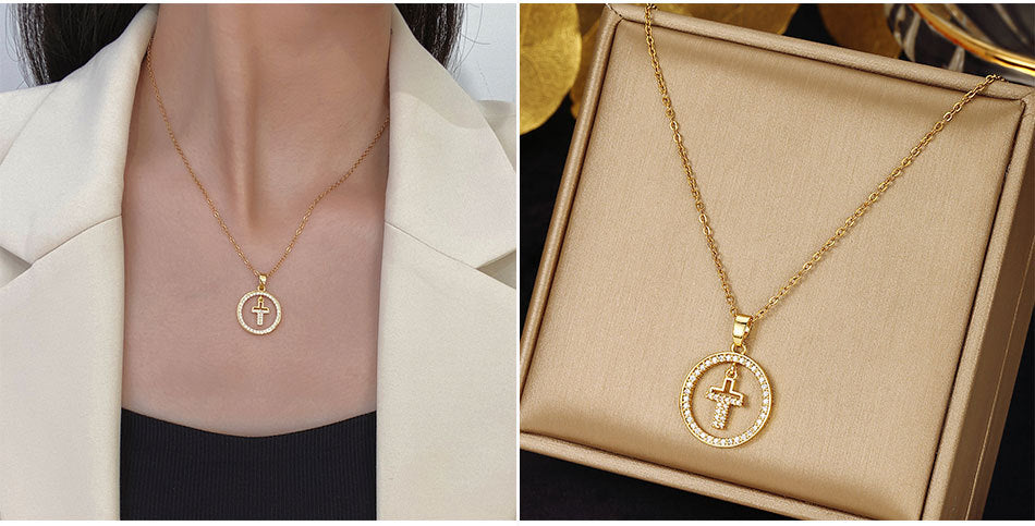 Luminique Store |   Copper Cross Pendant with Full Zircon Inlay, Light Luxury Style