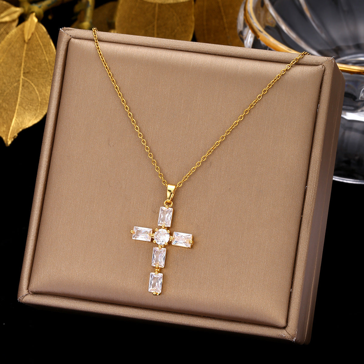 Luminique Store |   Copper Cross Pendant with Full Zircon Inlay, Light Luxury Style