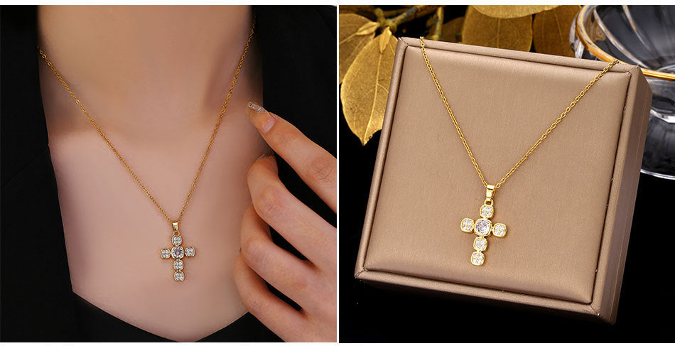 Luminique Store |   Copper Cross Pendant with Full Zircon Inlay, Light Luxury Style