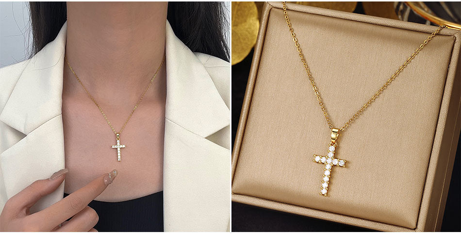 Luminique Store |   Copper Cross Pendant with Full Zircon Inlay, Light Luxury Style