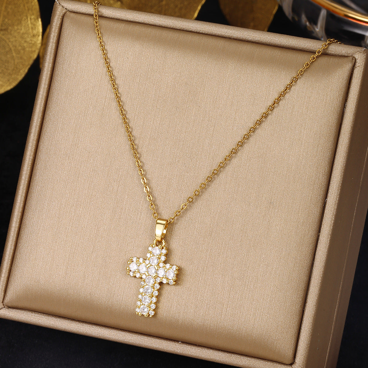 Luminique Store |   Copper Cross Pendant with Full Zircon Inlay, Light Luxury Style