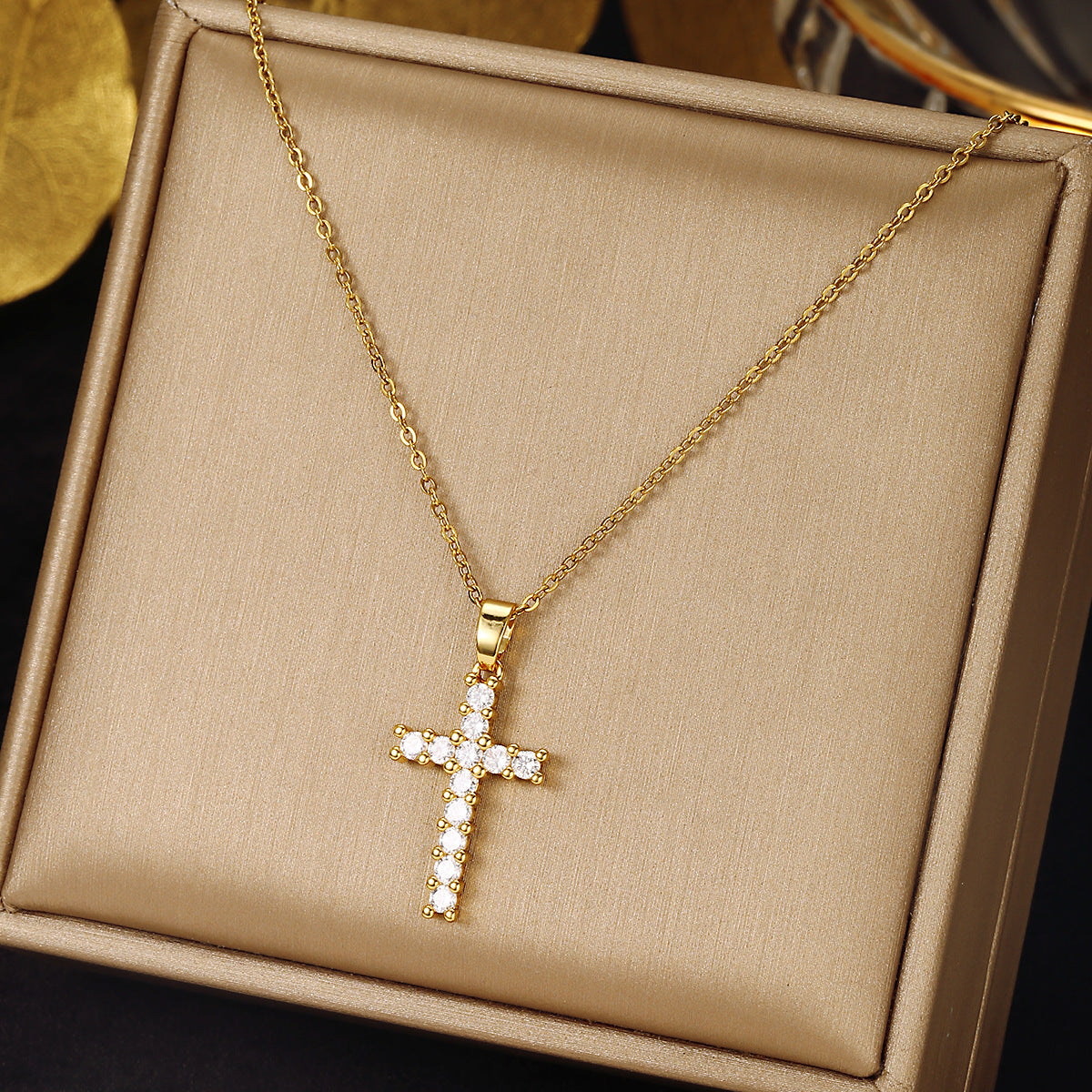 Luminique Store |   Copper Cross Pendant with Full Zircon Inlay, Light Luxury Style