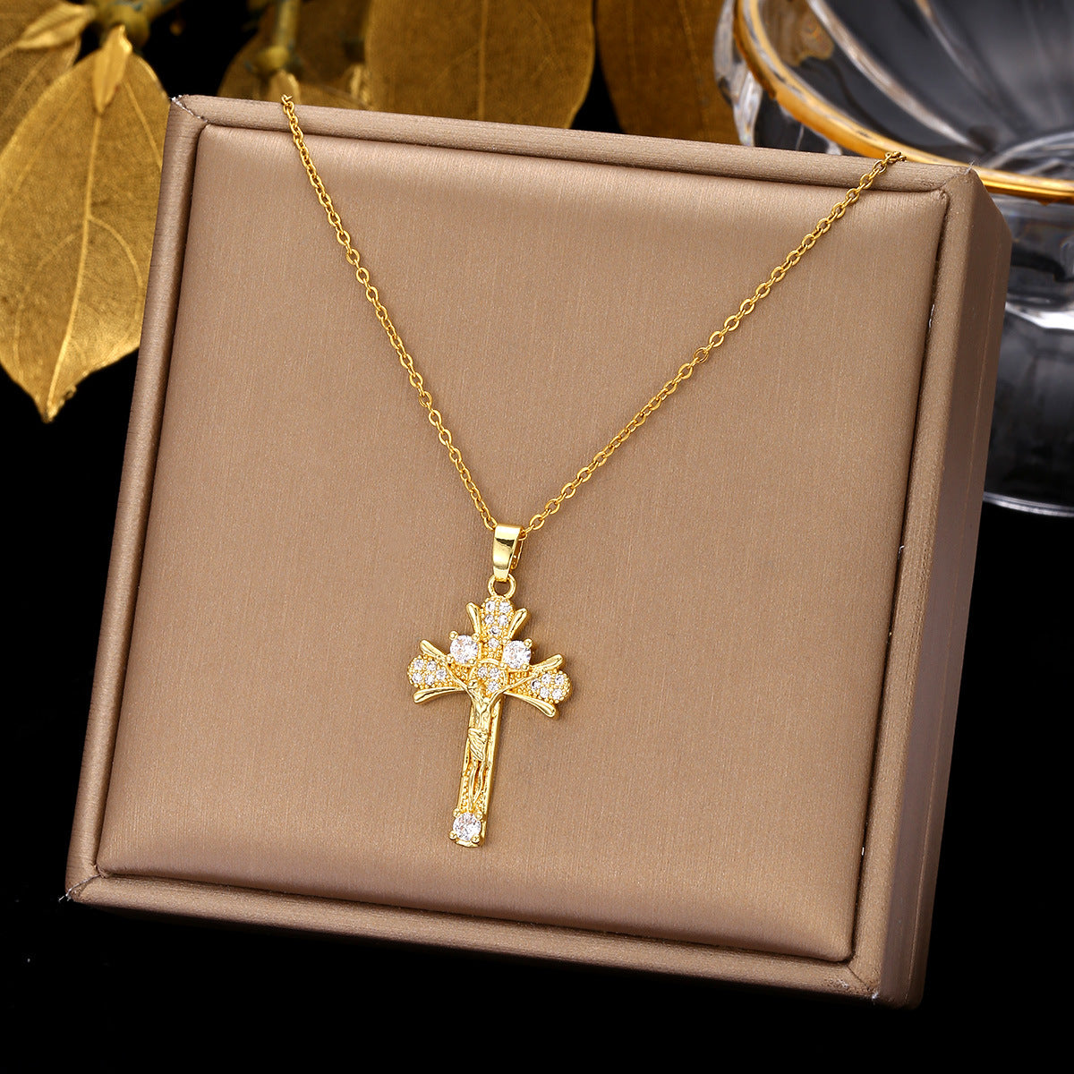 Luminique Store |   Copper Cross Pendant with Full Zircon Inlay, Light Luxury Style