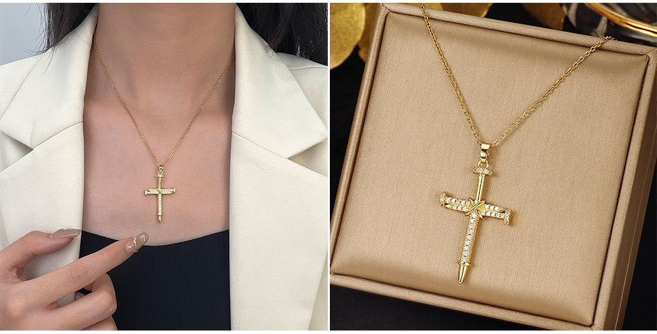 Luminique Store |   Copper Cross Pendant with Full Zircon Inlay, Light Luxury Style