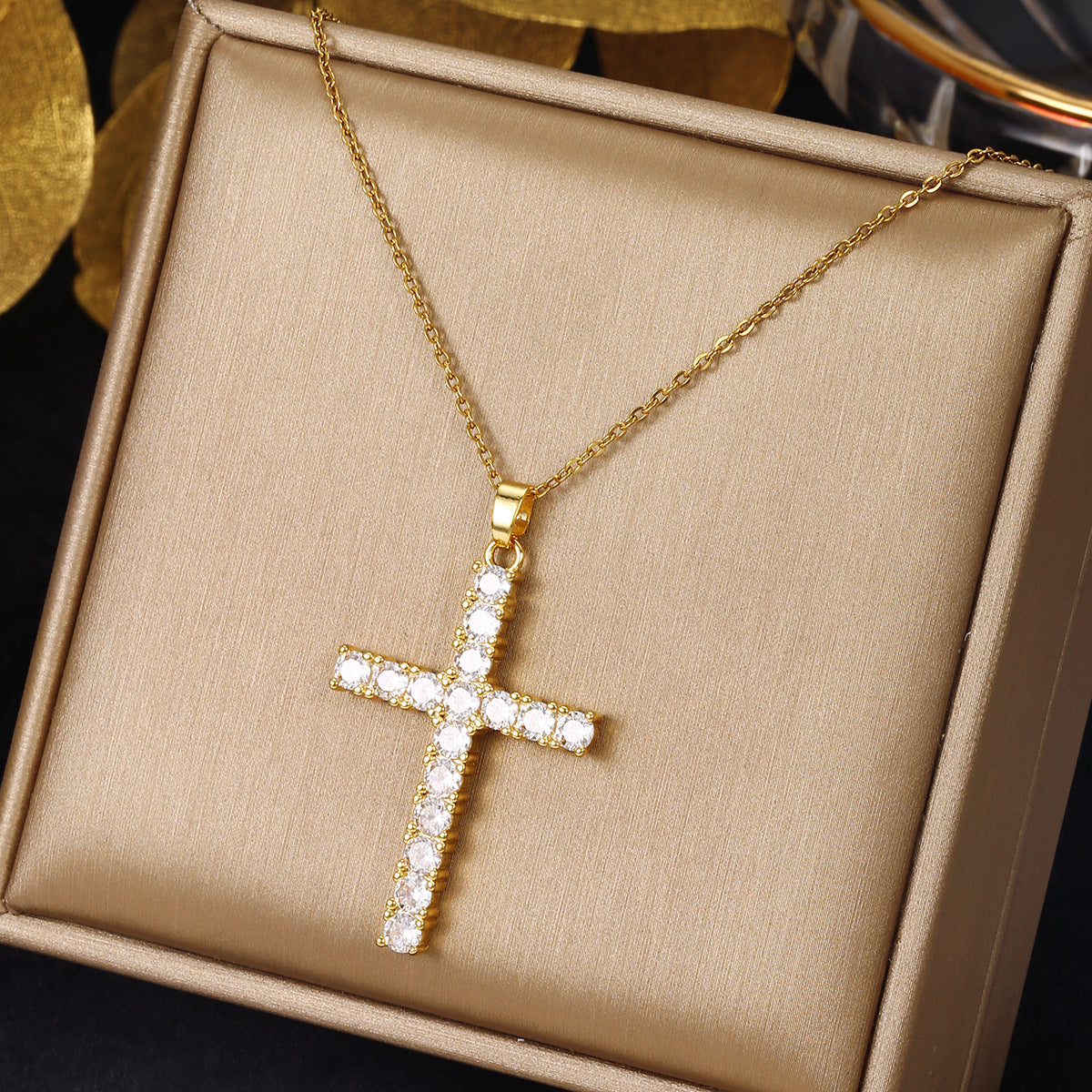Luminique Store |   Copper Cross Pendant with Full Zircon Inlay, Light Luxury Style