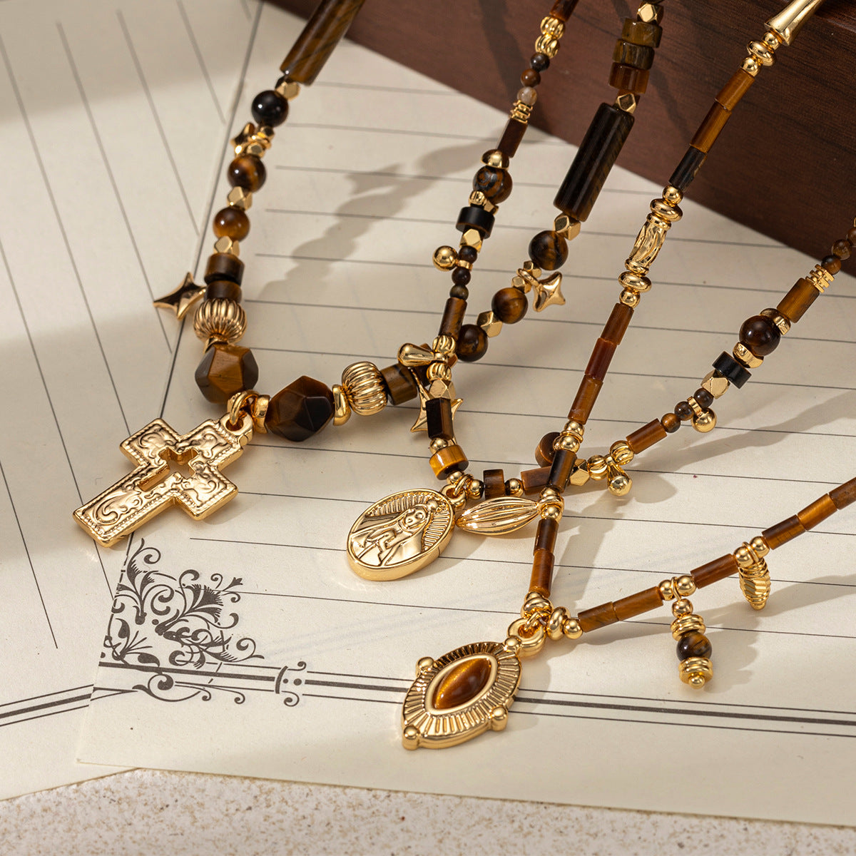 Luminique Store |   Vintage Premium Tiger's Eye Beaded Cross Necklace