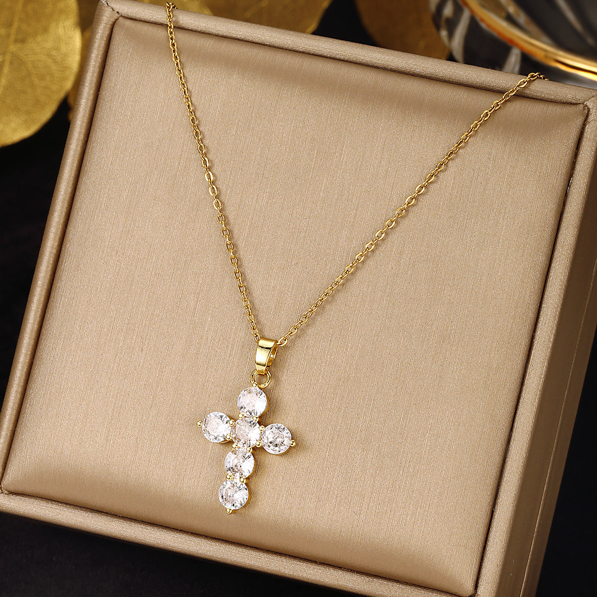 Luminique Store |   Copper Cross Pendant with Full Zircon Inlay, Light Luxury Style