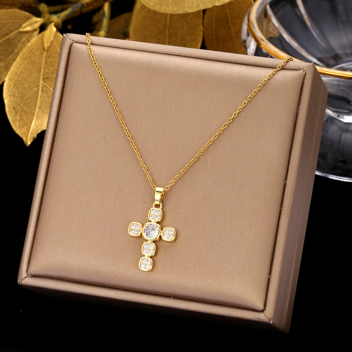 Luminique Store |   Copper Cross Pendant with Full Zircon Inlay, Light Luxury Style
