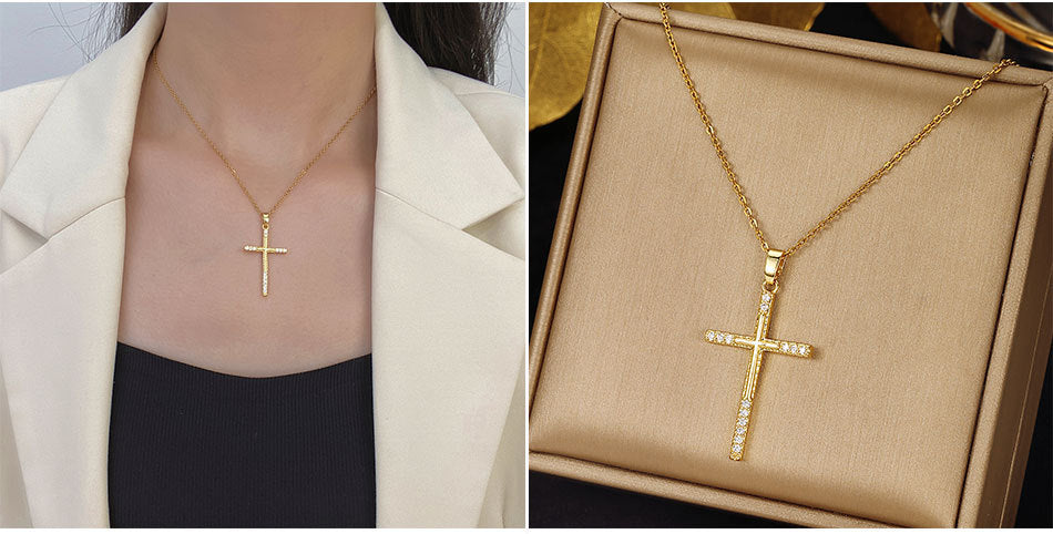 Luminique Store |   Copper Cross Pendant with Full Zircon Inlay, Light Luxury Style
