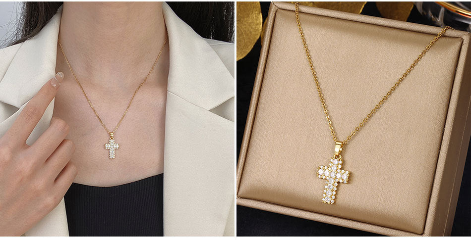 Luminique Store |   Copper Cross Pendant with Full Zircon Inlay, Light Luxury Style