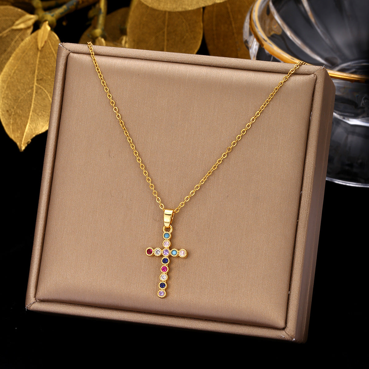 Luminique Store |   Copper Cross Pendant with Full Zircon Inlay, Light Luxury Style