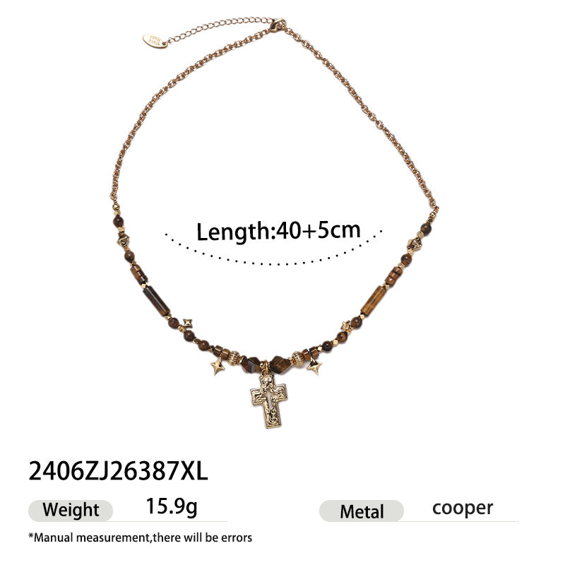Luminique Store |   Vintage Premium Tiger's Eye Beaded Cross Necklace