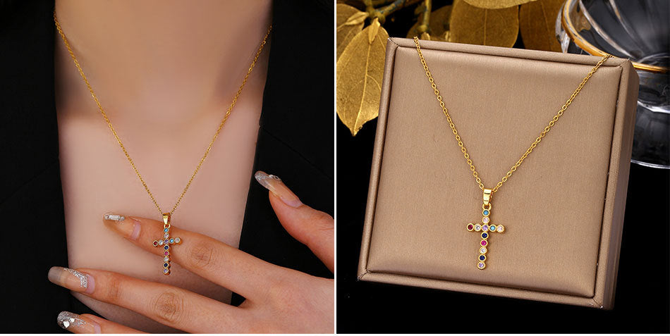 Luminique Store |   Copper Cross Pendant with Full Zircon Inlay, Light Luxury Style