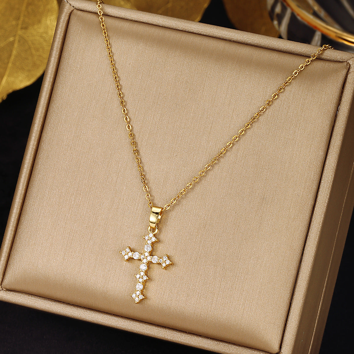 Luminique Store |   Copper Cross Pendant with Full Zircon Inlay, Light Luxury Style